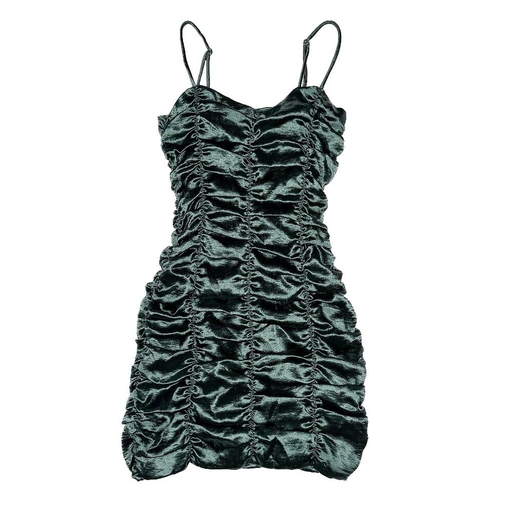Lucy in the Sky Emerald Green Satin Ruched Mini Bodycon Cocktail Sz XS NWOT - Picture 2 of 8